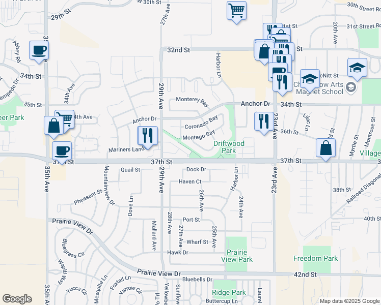 map of restaurants, bars, coffee shops, grocery stores, and more near 2701 Arbor Drive in Evans