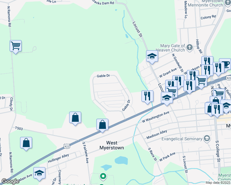 map of restaurants, bars, coffee shops, grocery stores, and more near 342 Meadow View Drive in Myerstown