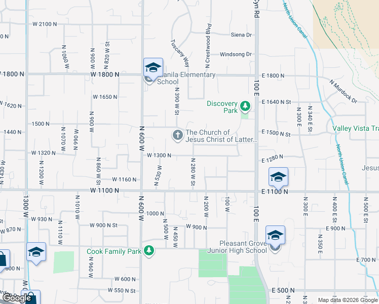 map of restaurants, bars, coffee shops, grocery stores, and more near 1321 North 280 West Street in Pleasant Grove