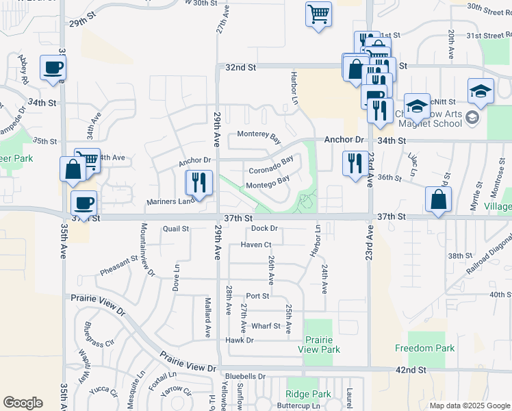 map of restaurants, bars, coffee shops, grocery stores, and more near 2701 Arbor Drive in Evans