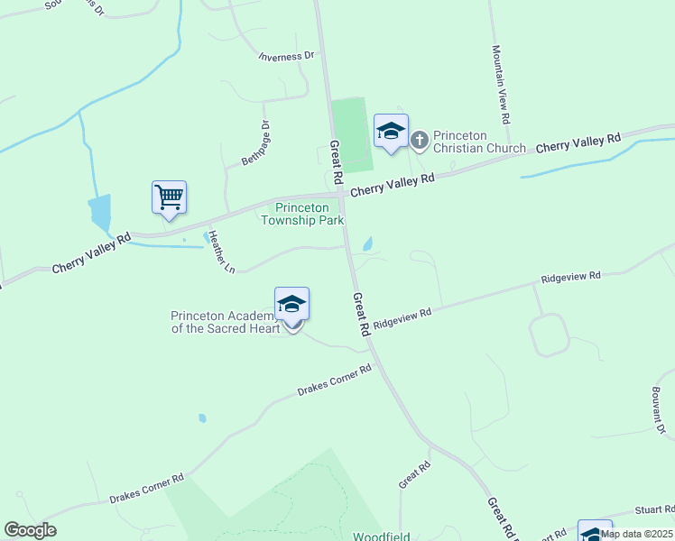 map of restaurants, bars, coffee shops, grocery stores, and more near 22 Heather Ln in Princeton