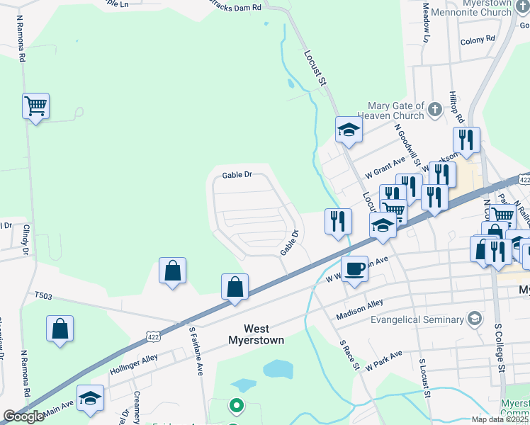 map of restaurants, bars, coffee shops, grocery stores, and more near 342 Meadow View Drive in Myerstown