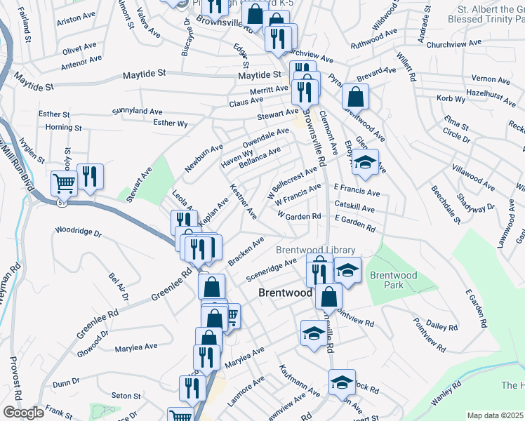 map of restaurants, bars, coffee shops, grocery stores, and more near 109 West Bellecrest Avenue in Brentwood