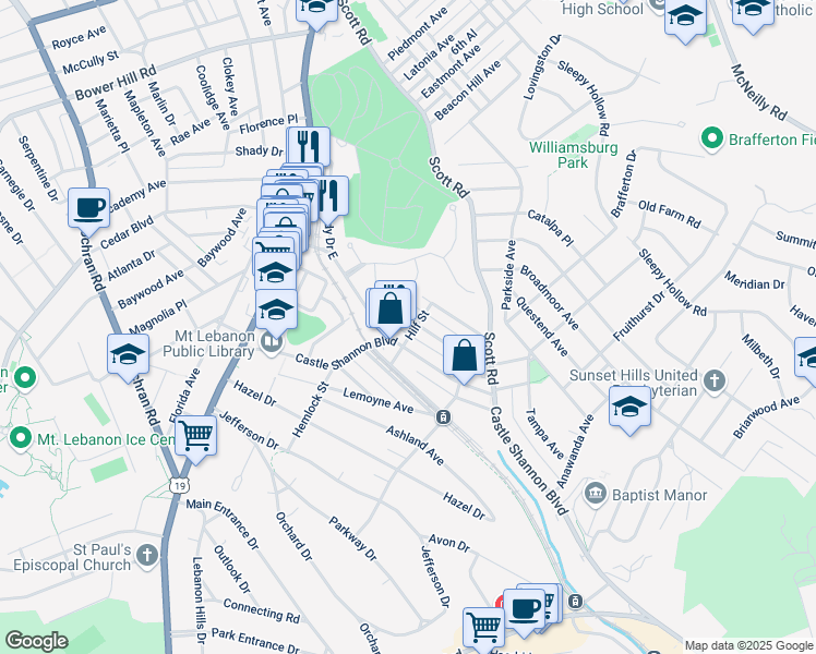 map of restaurants, bars, coffee shops, grocery stores, and more near 189 Birch Avenue in Pittsburgh