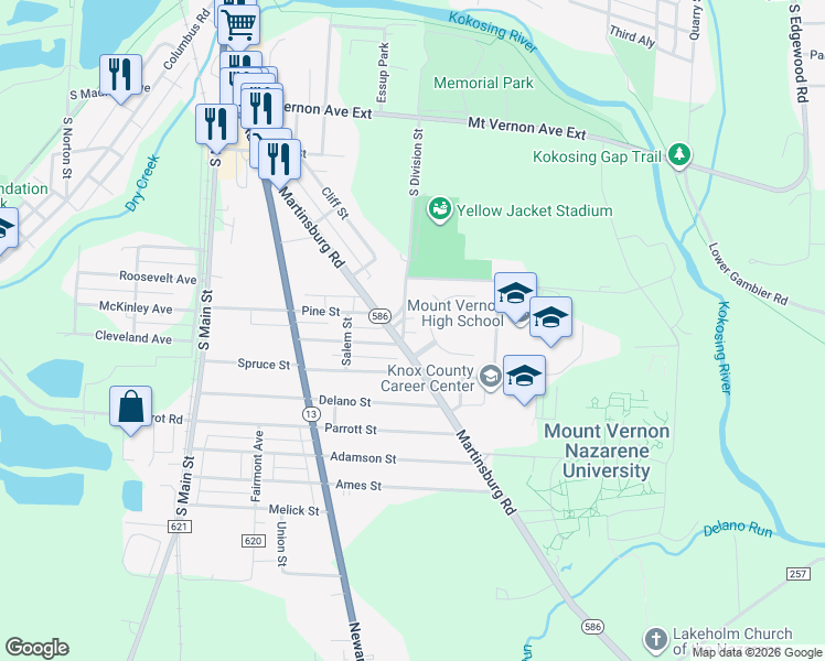 map of restaurants, bars, coffee shops, grocery stores, and more near 908 South Division Street in Mount Vernon