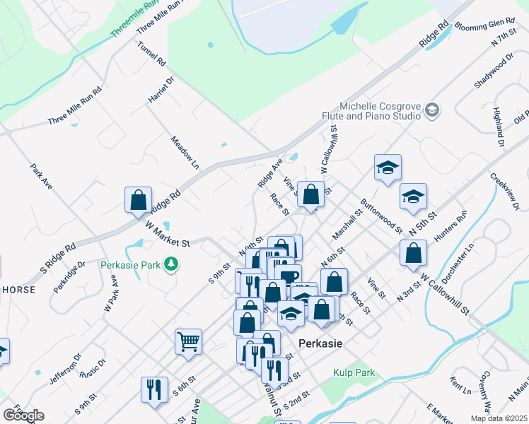 map of restaurants, bars, coffee shops, grocery stores, and more near 1000 Race Street in Perkasie