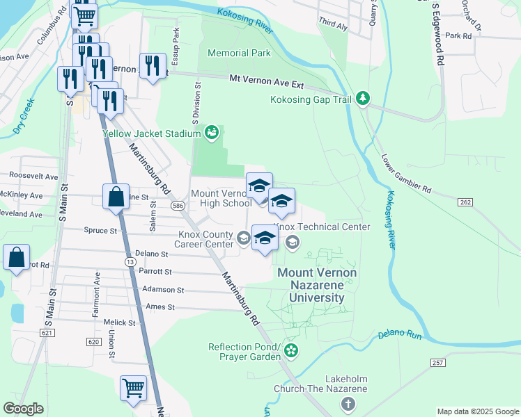 map of restaurants, bars, coffee shops, grocery stores, and more near Yellow Jacket Drive in Mount Vernon