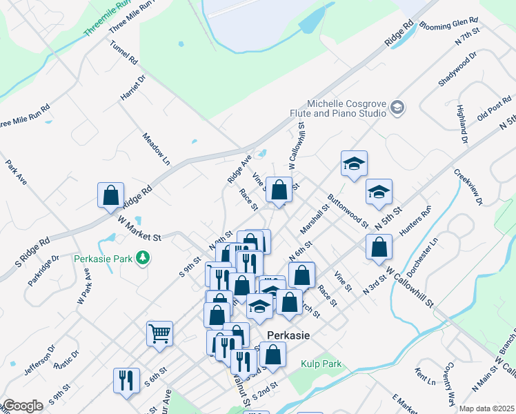map of restaurants, bars, coffee shops, grocery stores, and more near 917 Race Street in Perkasie