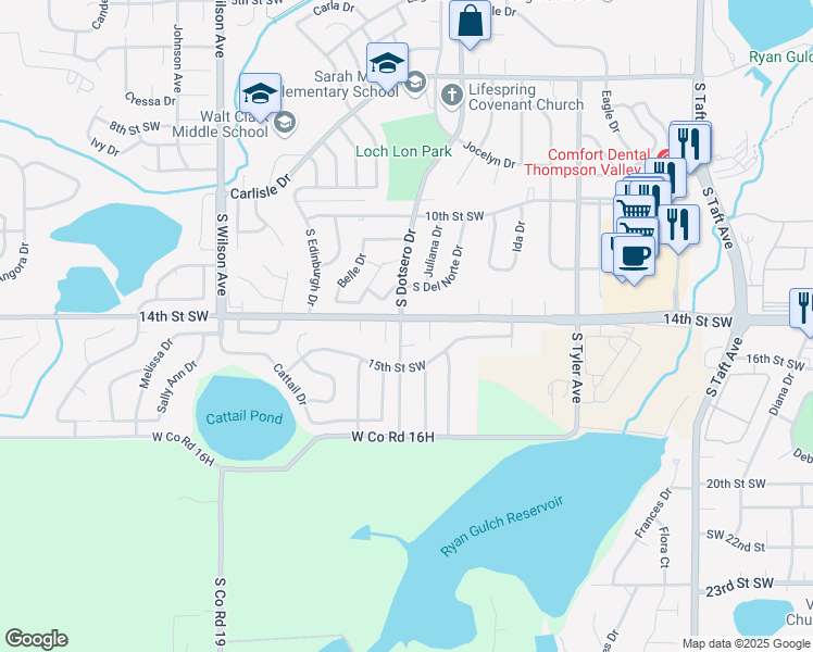 map of restaurants, bars, coffee shops, grocery stores, and more near 1418 South Dotsero Drive in Loveland