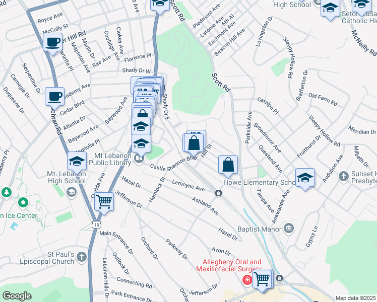 map of restaurants, bars, coffee shops, grocery stores, and more near 776 East Shady Drive in Pittsburgh