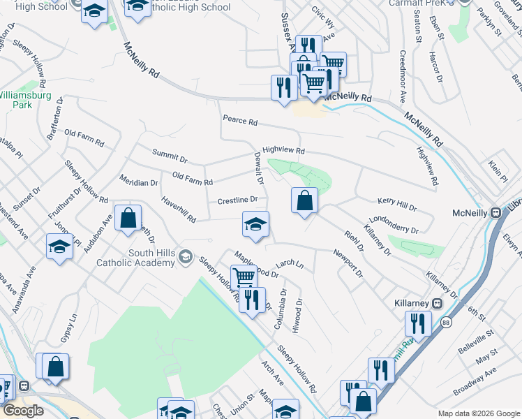 map of restaurants, bars, coffee shops, grocery stores, and more near 564 Crestline Drive in Pittsburgh
