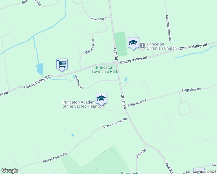 map of restaurants, bars, coffee shops, grocery stores, and more near 22 Heather Lane in Princeton