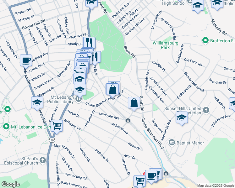 map of restaurants, bars, coffee shops, grocery stores, and more near 189 Birch Avenue in Pittsburgh
