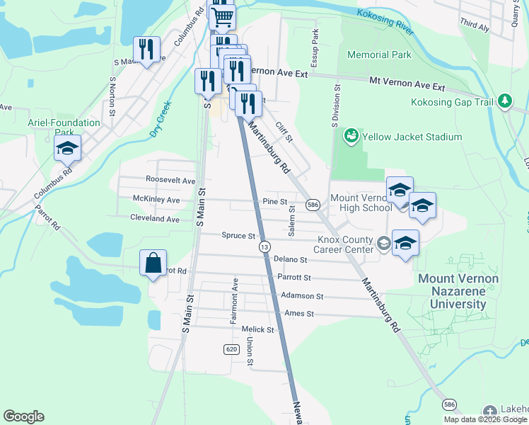 map of restaurants, bars, coffee shops, grocery stores, and more near 257 Ohio 13 in Mount Vernon