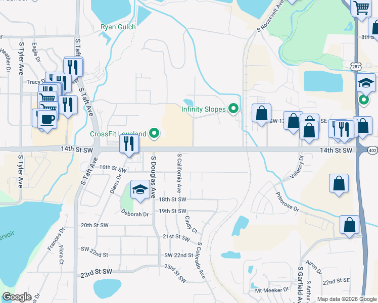 map of restaurants, bars, coffee shops, grocery stores, and more near 720 14th Street Southwest in Loveland