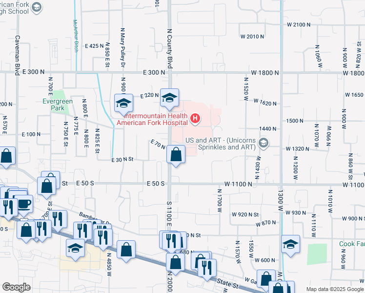 map of restaurants, bars, coffee shops, grocery stores, and more near 1141 East 50 North in American Fork