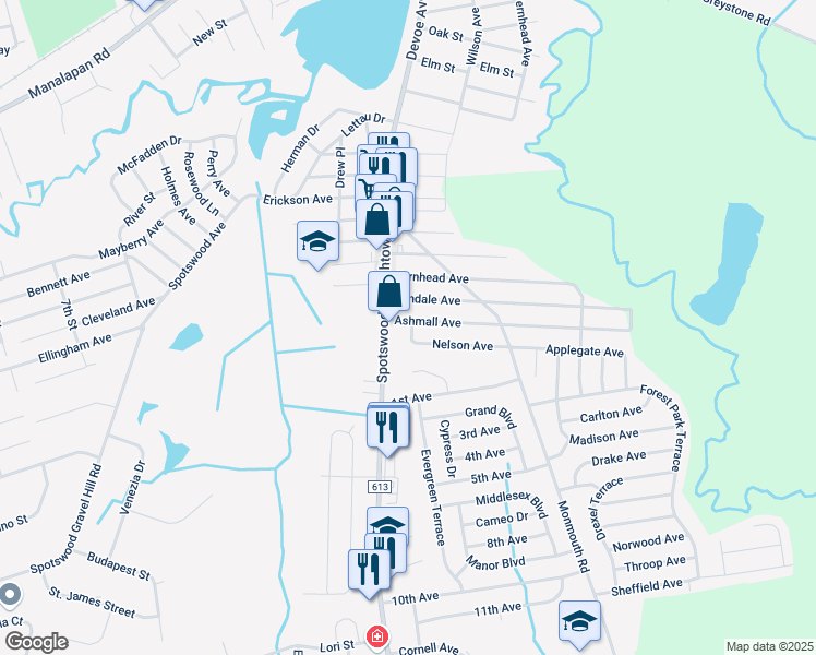 map of restaurants, bars, coffee shops, grocery stores, and more near 13 Ashmall Avenue in Monroe Township