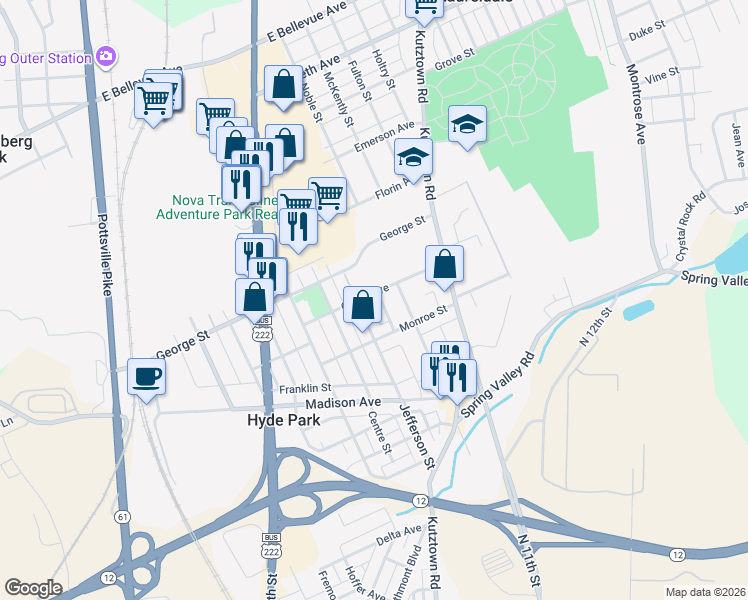 map of restaurants, bars, coffee shops, grocery stores, and more near 121 Girard Avenue in Reading