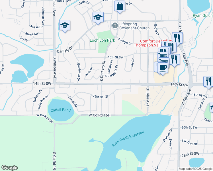 map of restaurants, bars, coffee shops, grocery stores, and more near 1919 14th Street Southwest in Loveland