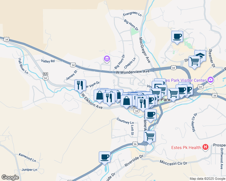 map of restaurants, bars, coffee shops, grocery stores, and more near 315 Big Horn Drive in Estes Park