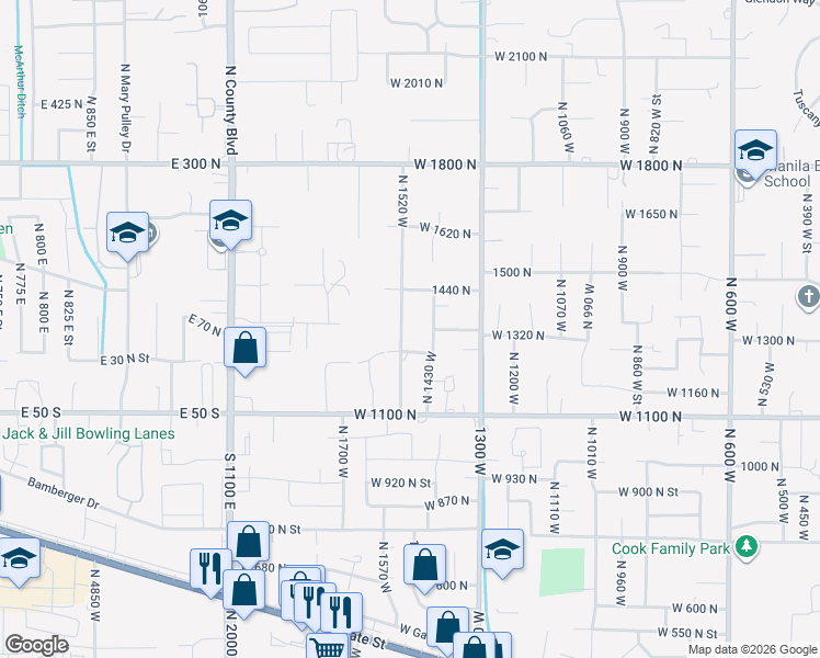 map of restaurants, bars, coffee shops, grocery stores, and more near 1368 North 1520 West in Pleasant Grove