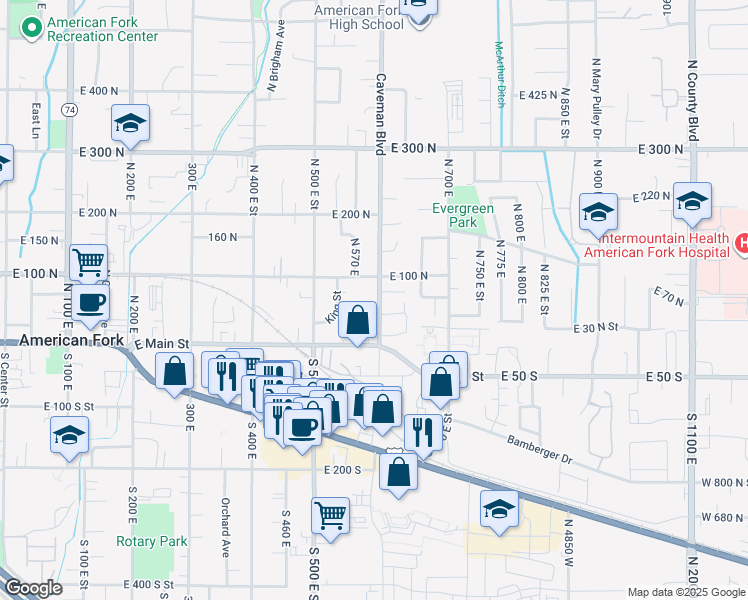 map of restaurants, bars, coffee shops, grocery stores, and more near 91 Caveman Boulevard in American Fork