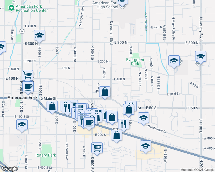 map of restaurants, bars, coffee shops, grocery stores, and more near 91 Caveman Boulevard in American Fork