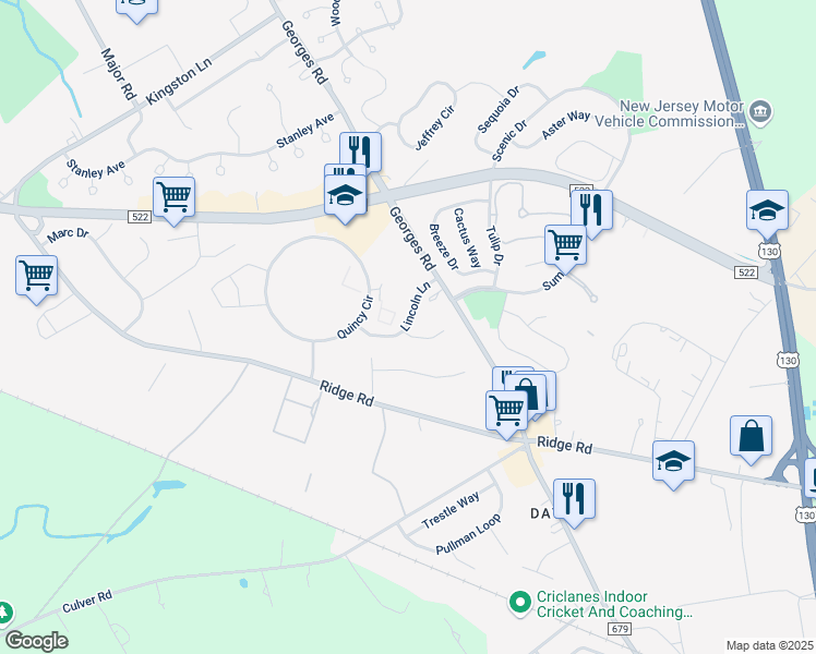 map of restaurants, bars, coffee shops, grocery stores, and more near 3 Lincoln Lane in South Brunswick Township
