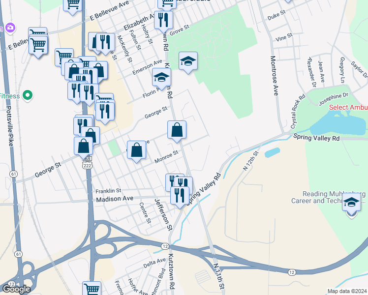 map of restaurants, bars, coffee shops, grocery stores, and more near 8 Seminary Avenue in Reading
