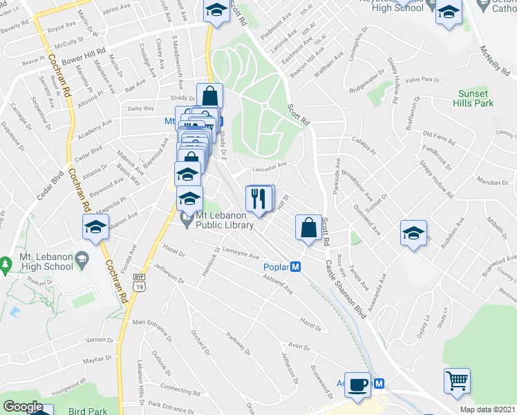 map of restaurants, bars, coffee shops, grocery stores, and more near 764 Shady Drive East in Mount Lebanon