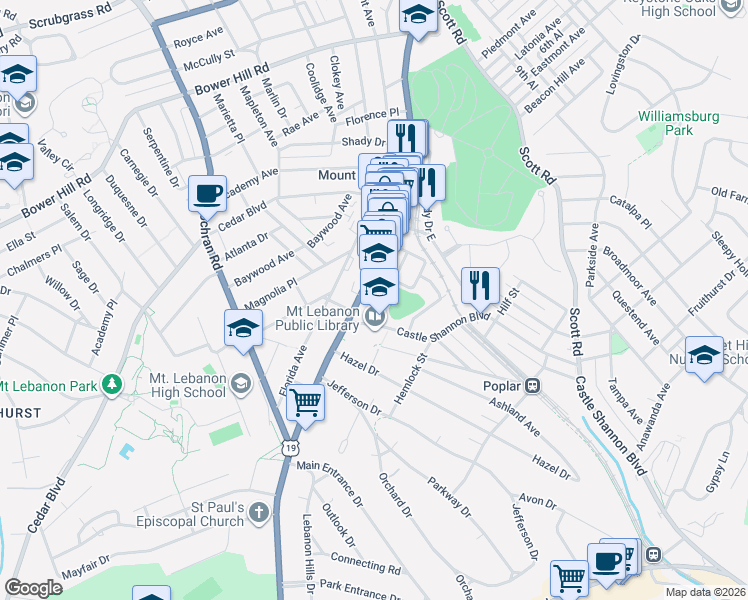 map of restaurants, bars, coffee shops, grocery stores, and more near 774 Washington Road in Mount Lebanon