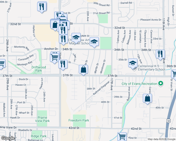 map of restaurants, bars, coffee shops, grocery stores, and more near 3603 Magnolia Street in Evans
