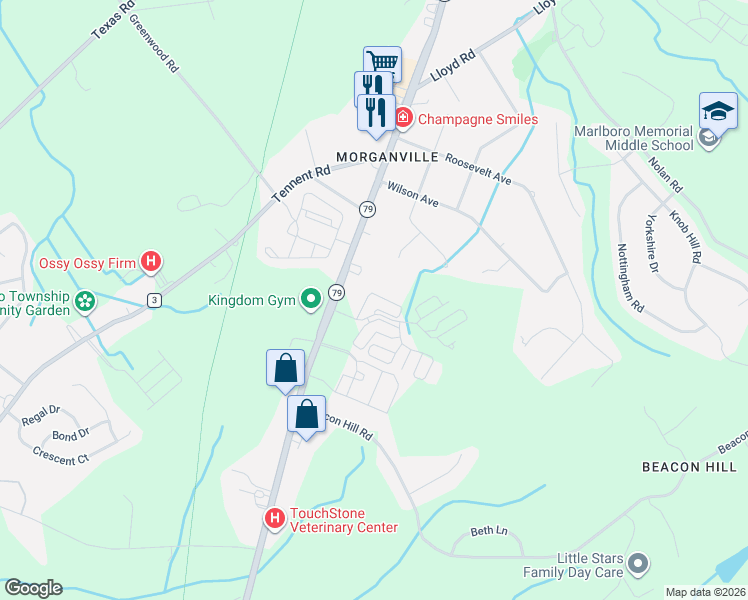 map of restaurants, bars, coffee shops, grocery stores, and more near 442 Highway 79 in Marlboro