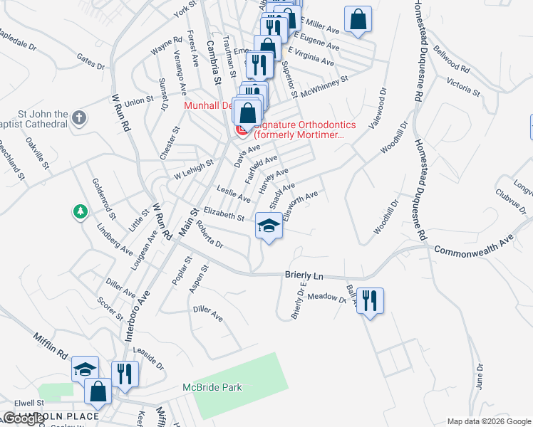 map of restaurants, bars, coffee shops, grocery stores, and more near 4119 Shady Avenue in Munhall