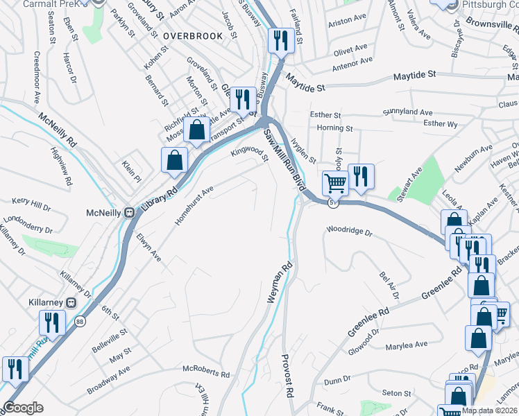 map of restaurants, bars, coffee shops, grocery stores, and more near 2349 Hillview Street in Pittsburgh