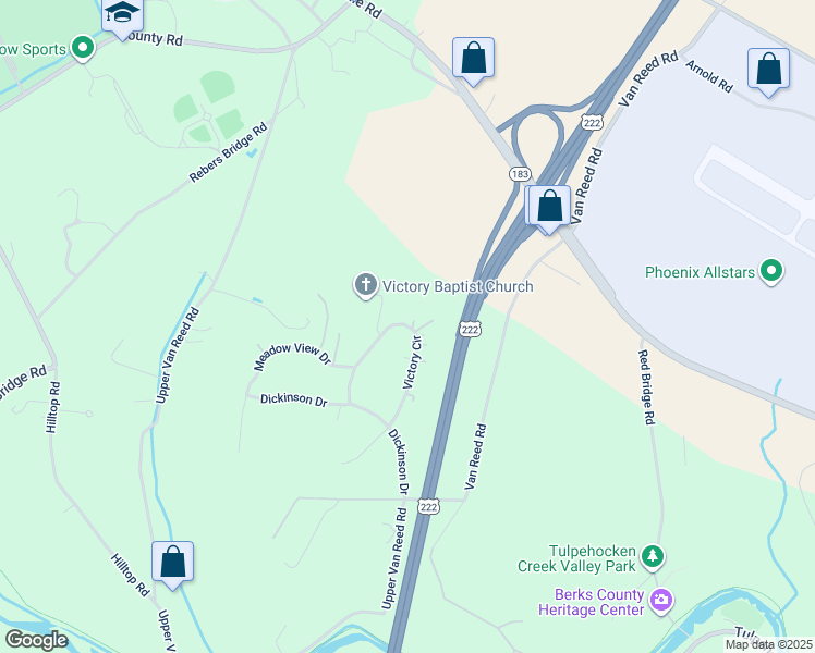map of restaurants, bars, coffee shops, grocery stores, and more near 1052 Victory Circle in Reading
