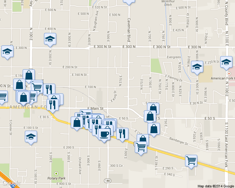 map of restaurants, bars, coffee shops, grocery stores, and more near 566 East King Street in American Fork