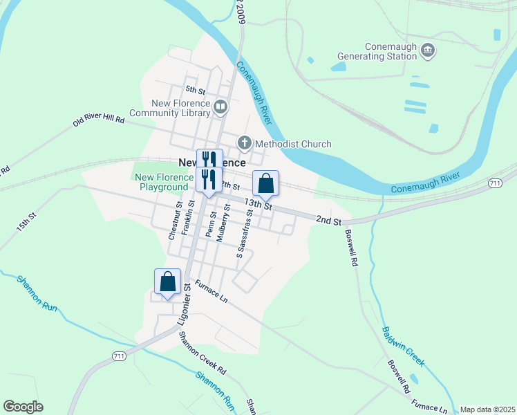 map of restaurants, bars, coffee shops, grocery stores, and more near 210 13th Street in New Florence