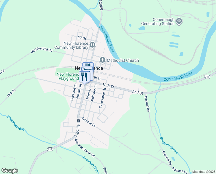 map of restaurants, bars, coffee shops, grocery stores, and more near 210 13th Street in New Florence