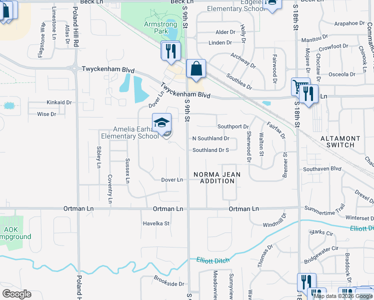 map of restaurants, bars, coffee shops, grocery stores, and more near 3278 South 9th Street in Lafayette