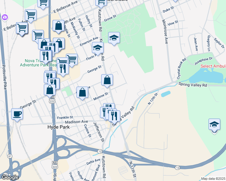 map of restaurants, bars, coffee shops, grocery stores, and more near 2847 Kutztown Road in Laureldale