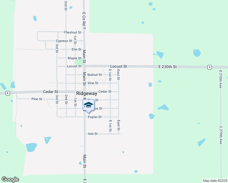 map of restaurants, bars, coffee shops, grocery stores, and more near 701-715 Cedar Street in Ridgeway