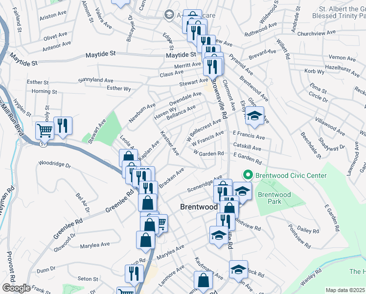 map of restaurants, bars, coffee shops, grocery stores, and more near 124 West Bellecrest Avenue in Brentwood