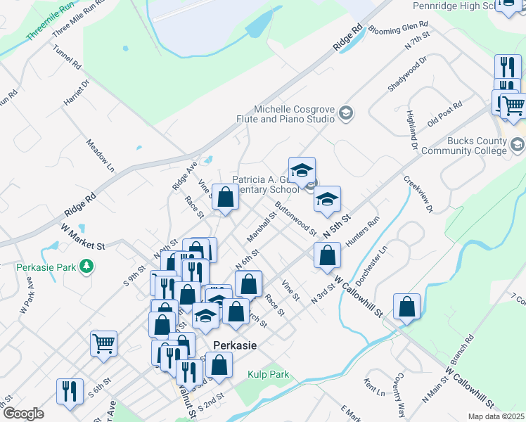 map of restaurants, bars, coffee shops, grocery stores, and more near 401 North 7th Street in Perkasie