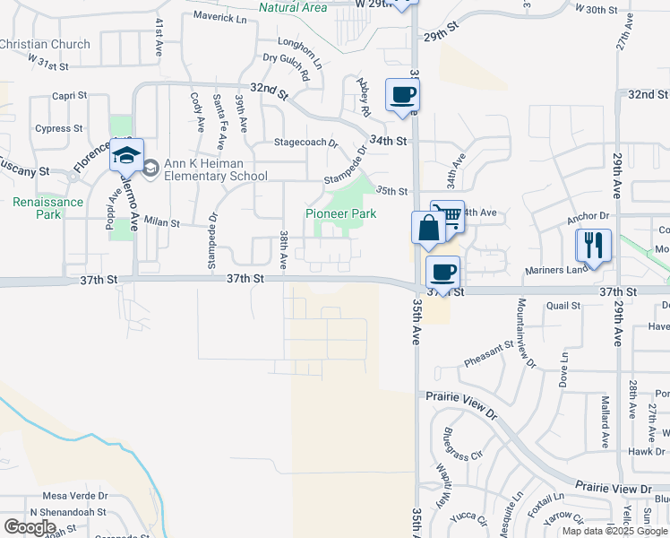 map of restaurants, bars, coffee shops, grocery stores, and more near 3666 Ponderosa Court in Evans