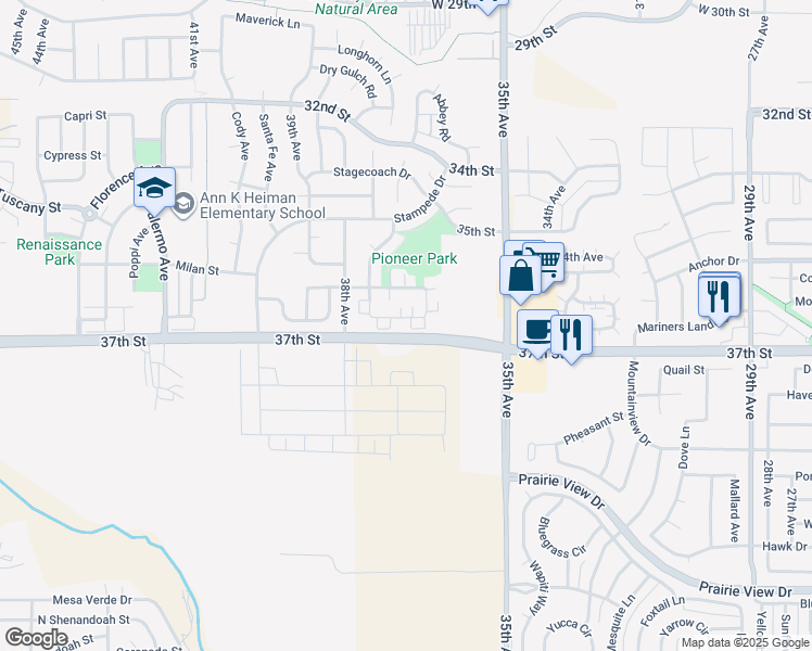 map of restaurants, bars, coffee shops, grocery stores, and more near 3666 Ponderosa Court in Evans