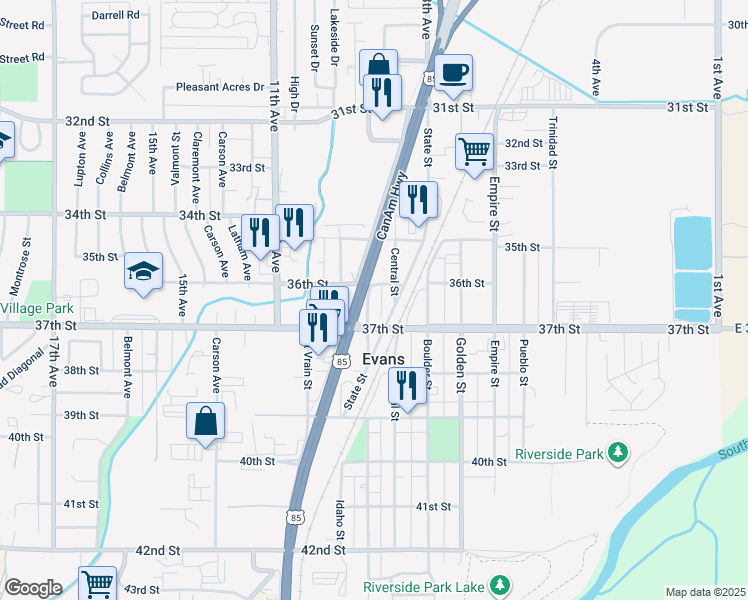 map of restaurants, bars, coffee shops, grocery stores, and more near 3602 Denver Street in Evans