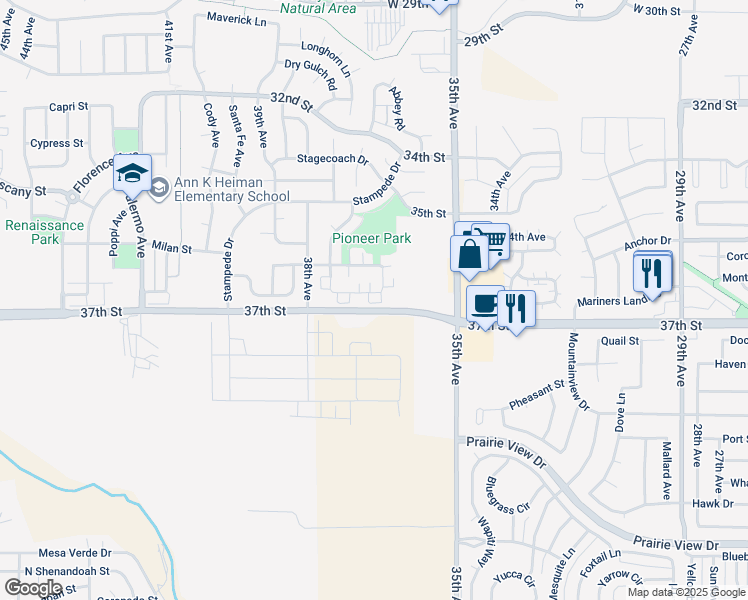 map of restaurants, bars, coffee shops, grocery stores, and more near 3666 Ponderosa Court in Evans