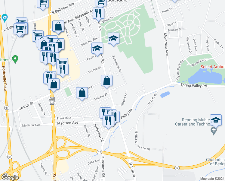 map of restaurants, bars, coffee shops, grocery stores, and more near 8 Seminary Avenue in Reading