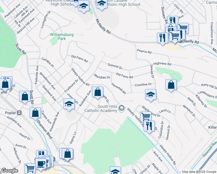 map of restaurants, bars, coffee shops, grocery stores, and more near 474 Haverhill Road in Pittsburgh